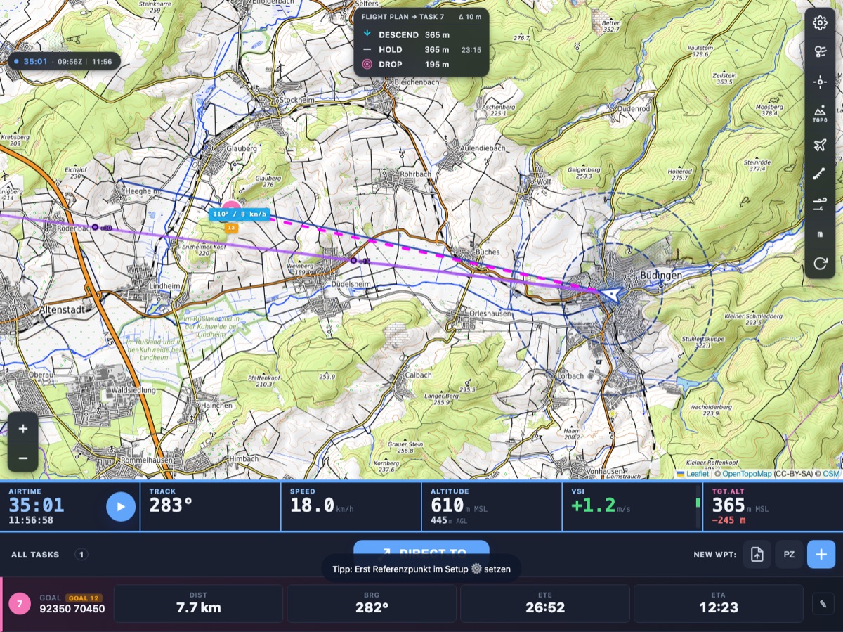 Competition Pilot Cockpit – Flight Plan, Drift-Trajektorie, HUD mit Track / Speed / Altitude / VSI